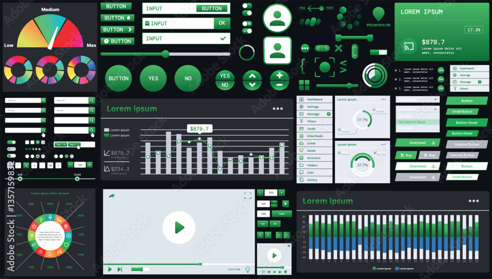 Poster a dark set of interface elements for web and mobile applications with modern icons, buttons, and gra