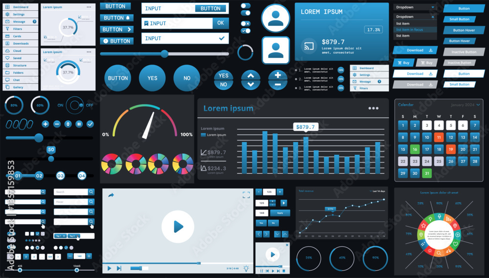 Wall mural a dark set of interface elements for web and mobile applications with modern icons, buttons, and gra