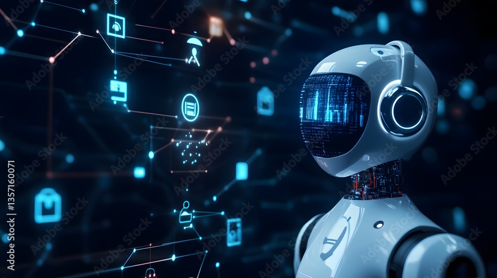 Poster future's embrace: a futuristic robot, gleaming and advanced, interacts seamlessly with digital inter