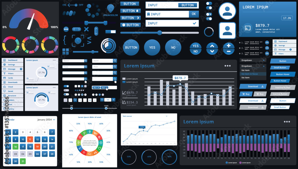 Wall mural a dark set of interface elements for web and mobile applications with modern icons, buttons, and gra