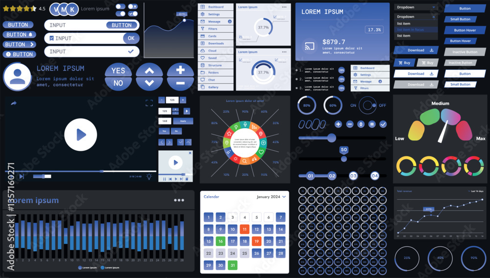 Wall mural a dark set of interface elements for web and mobile applications with modern icons, buttons, and gra