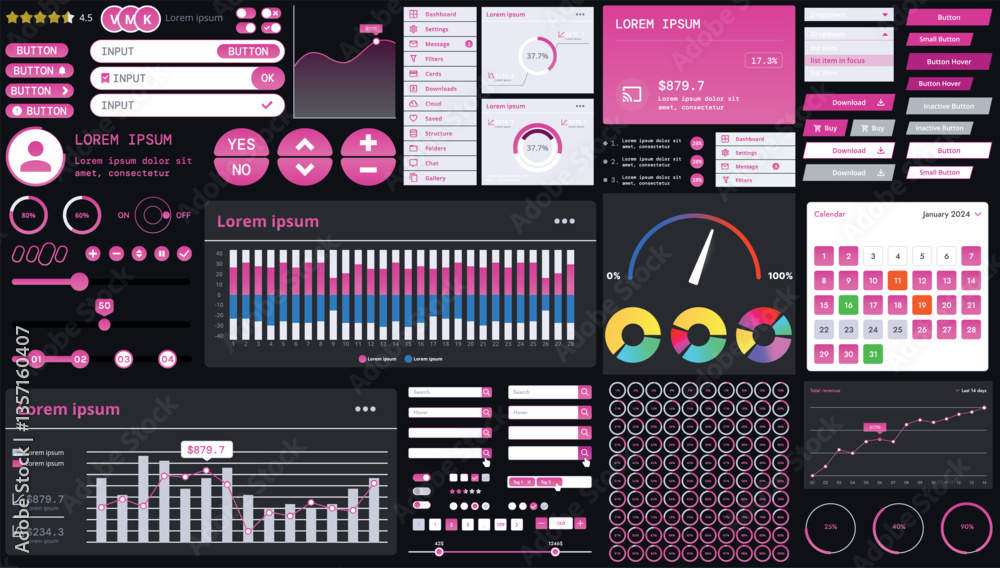Poster a dark set of interface elements for web and mobile applications with modern icons, buttons, and gra