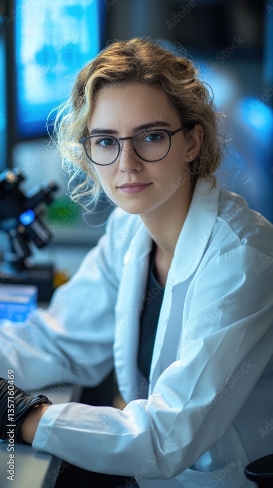 Poster intelligent young scientist working in laboratory with microscope tools