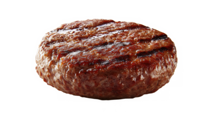 Perfectly grilled gourmet hamburger patty with char marks and smoky essence, isolated on transparent background