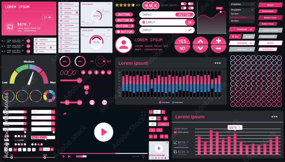 Poster a dark set of interface elements for web and mobile applications with modern icons, buttons, and gra