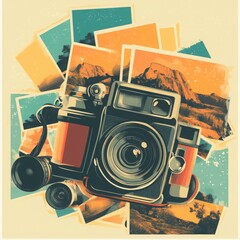 Fototapeta premium Vintage Camera Collage with Warm Tones and Landscape Photos