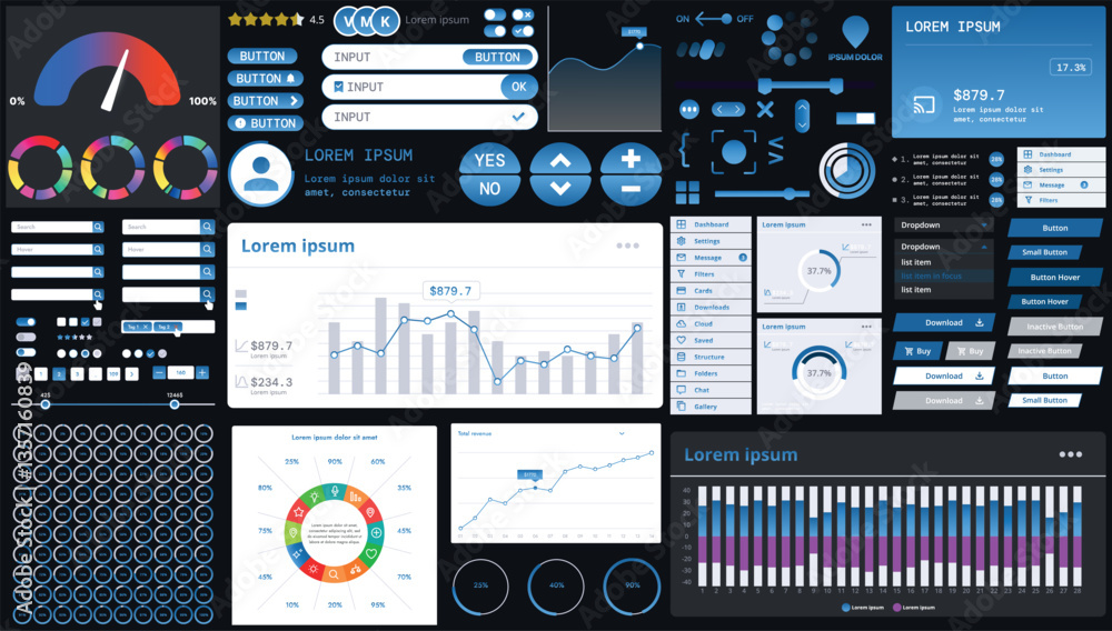 Wall mural a dark set of interface elements for web and mobile applications with modern icons, buttons, and gra