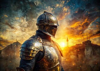 Double Exposure Texture Armor: Abstract Knight in Metal and Stone