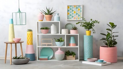 Eclectic Shelf Display Colorful Ceramics, Plants, and Whimsy V8