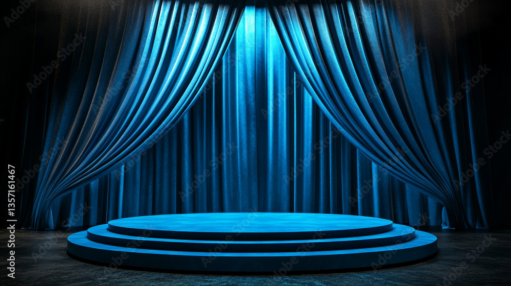 Poster a blue stage with a three tiered platform and matching curtains in a darkened theater space setting