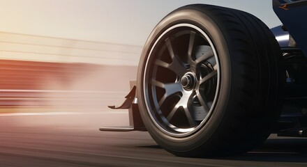 Close-up of a high-performance racing car tire in motion.
