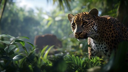 Majestic leopard prowling through dense jungle high-resolution picture