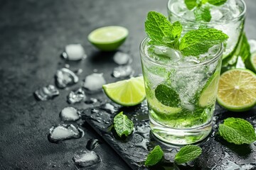 Fototapeta premium A refreshing cocktail with mint and lime, served in a glass, surrounded by ice and lime wedges on a dark slate surface.