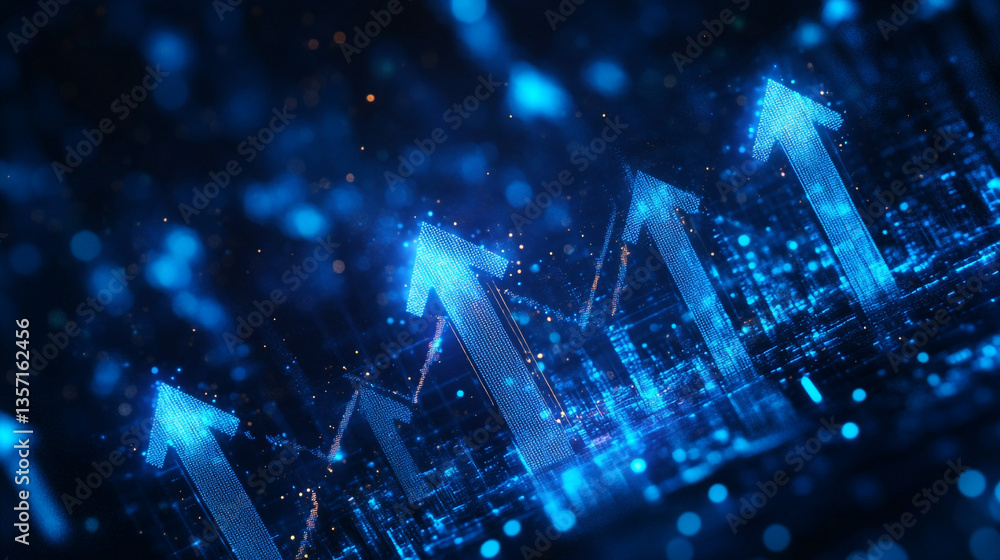 Poster digital blue arrows pointing upwards with glowing particles on a dark background design concept
