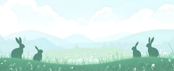 minimalistic spring nature scanery with easter bunnies; subtele, simple yet luxurious hand-made greeting card background; copy space