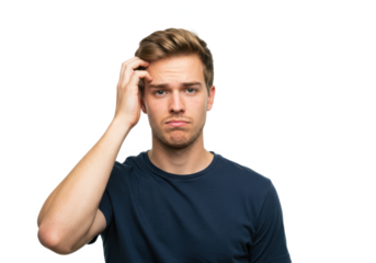 Young doubtful man thinking, scratching head and trying to find solution isolated on White background PNG transparent background