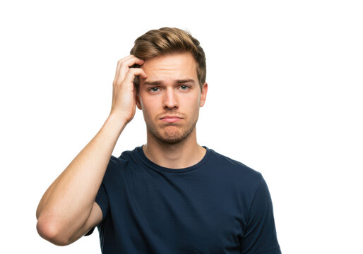 Young doubtful man thinking, scratching head and trying to find solution isolated on White background PNG transparent background