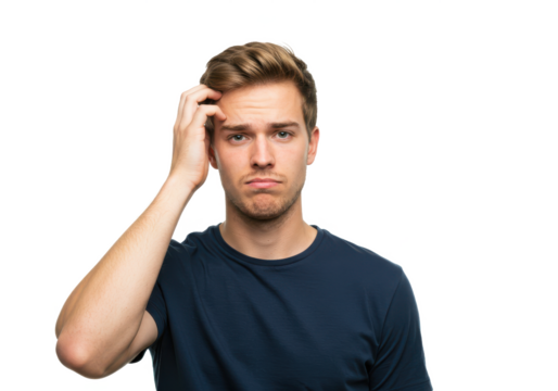 Young doubtful man thinking, scratching head and trying to find solution isolated on White background PNG transparent background