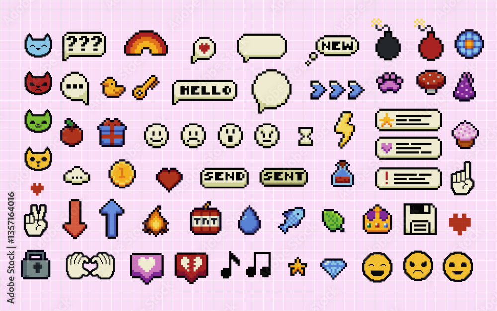 Poster set of pixel art speech bubbles and icons. wow. surprise. bang. bomb. retro game style dialogue box 