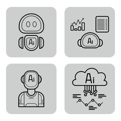 Collection of four distinct icons depicting various aspects of artificial intelligence. Data analysis, chatbot, robot, and cloud computing. Technology concept