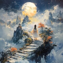 A serene figure walks up a mystical stone path towards a glowing moon, surrounded by ethereal clouds and vibrant autumn foliage.