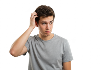 Young doubtful man thinking, scratching head and trying to find solution isolated on White background PNG transparent background