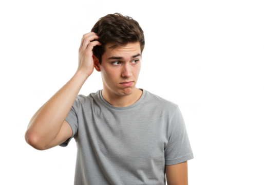 Young doubtful man thinking, scratching head and trying to find solution isolated on White background PNG transparent background