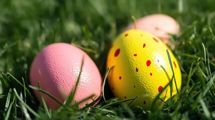 Fototapeta premium Pastel Yellow and Pink Easter Eggs Scattered in Lush Grassland, Highlighting a Yellow Egg with Red Speckles on Right Position, Detailed Spring Theme for Digital Wallpaper, Party Invitations or Childre