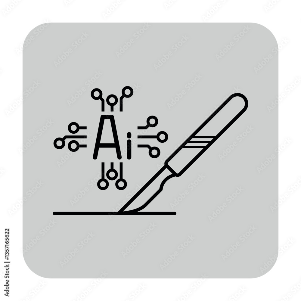 Poster line icon of scalpel cutting into surface, surrounded by stylized circuitry and letters ai. artifici