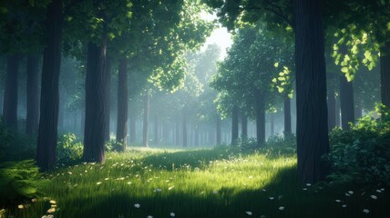 Obraz premium Serene Forest Pathway Surrounded by Lush Green Trees and Light