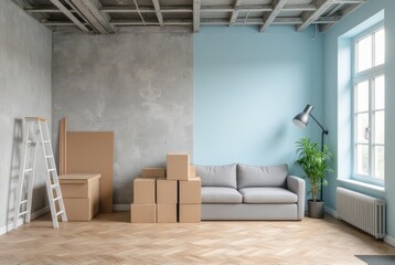 Modern Apartment Interior with Cardboard Boxes and Sofa