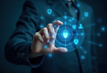 Businessman protecting data with virtual padlock and shield icons