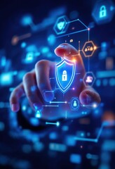Businessman protecting data with digital shield and lock icon in futuristic interface