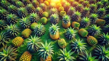 Fototapeta premium Aerial View Watercolor Pineapple Field, Tropical Fruit Plantation, Overhead Shot