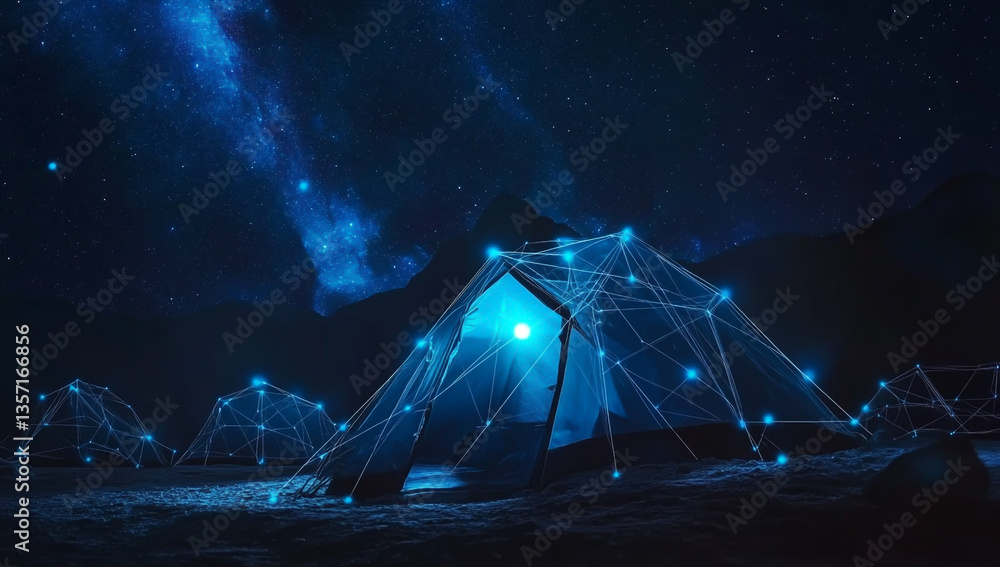 Poster abstract polygonal network connection background with a blue glow and glowing dots on a dark, starry