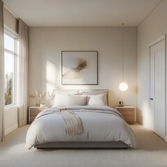 A serene modern bedroom interior design featuring bed and decor