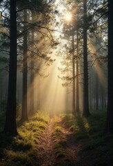 Obraz premium Sunbeams illuminating magical foggy forest path at sunrise