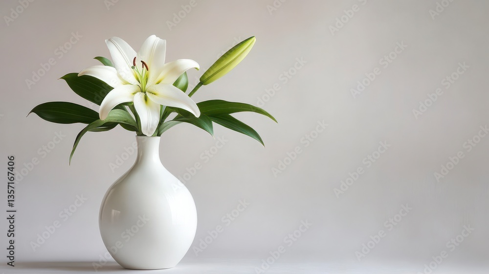 Aufkleber white lily in a round white vase on a light gray backgrounds and light sourceing with elegant design