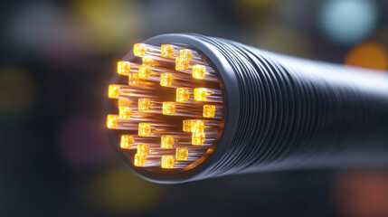Optical fiber cable network with glowing connections in a technological environment, symbolizing high-speed data transfer, internet communication, and digital infrastructure systems