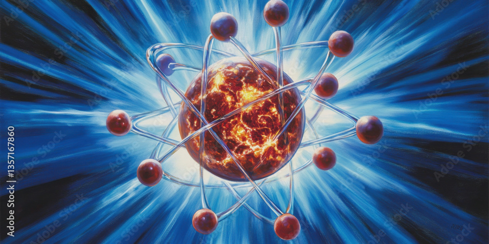 Poster this illustration depicts an atom with a nucleus and orbiting electrons, surrounded by a vibrant bur