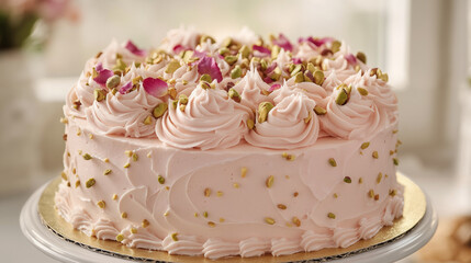 Elegant Pink Cake with Buttercream Rosettes and Pistachio Toppings