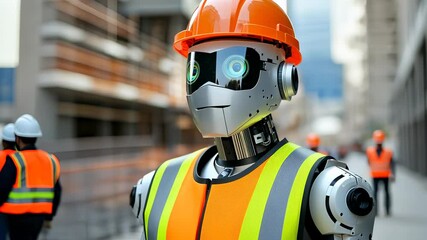 Robots work alongside humans at a construction site in a modern urban environment