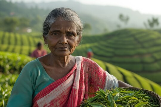 Alte Frau aus Sri Lanka oder Indien bei der Teeernte auf der Teeplantage im Hochland