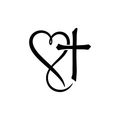 Vector Christian logo Heart with Cross on a White Background. Isolated Hand Drawn Calligraphic symbol. Minimalistic religion icon.