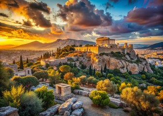 Obraz premium Ancient Athenian Landscape: Sun-Drenched Ruins and Olive Groves