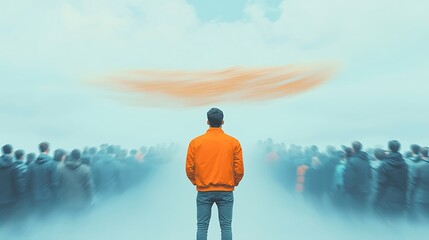 Man Facing Abstract Sky for Crowd Below.