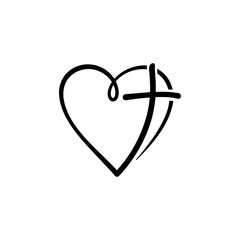 Vector Christian logo Heart with Cross on a White Background. Isolated Hand Drawn Calligraphic symbol. Minimalistic religion icon.