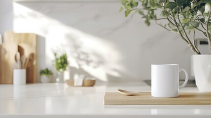 White Mug On Wooden Tray In Bright Modern Kitchen With Sunlight And Plants In Background And Warm Ambiance. Natural Light And Cozy Atmosphere. Simple And Elegant Kitchen Still Life Display. A