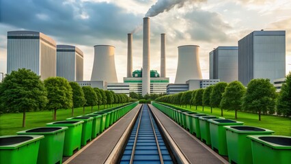 A power plant with cooling towers and smokestacks surrounded by green bins and trees, showcasing industrial and environmental themes.
