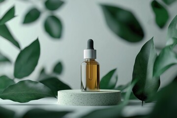 Natural beauty serum surrounded by lush green leaves in serene setting